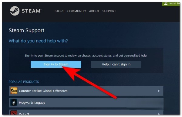 Truy cập vào trang hỗ trợ của Steam